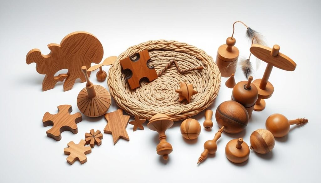 A well-lit, high-angle studio shot of an artfully arranged collection of handcrafted wooden cat toys. In the foreground, an assortment of intricately carved, smooth-sanded shapes in warm tones of oak, maple, and pine - puzzle pieces, spinning tops, dangling wands, and teaser feathers. The middle ground features a woven cat bed, its natural fibers contrasting with the gleaming wood. Soft shadows from a diffused overhead light create depth and texture. The background is a clean, plain white backdrop, allowing the crafted toys to be the sole focus. An atmosphere of understated elegance, inviting hands-on play and imagination. A well-lit, high-angle studio shot of an artfully arranged collection of handcrafted wooden cat toys. In the foreground, an assortment of intricately carved, smooth-sanded shapes in warm tones of oak, maple, and pine - puzzle pieces, spinning tops, dangling wands, and teaser feathers. The middle ground features a woven cat bed, its natural fibers contrasting with the gleaming wood. Soft shadows from a diffused overhead light create depth and texture. The background is a clean, plain white backdrop, allowing the crafted toys to be the sole focus. An atmosphere of understated elegance, inviting hands-on play and imagination.