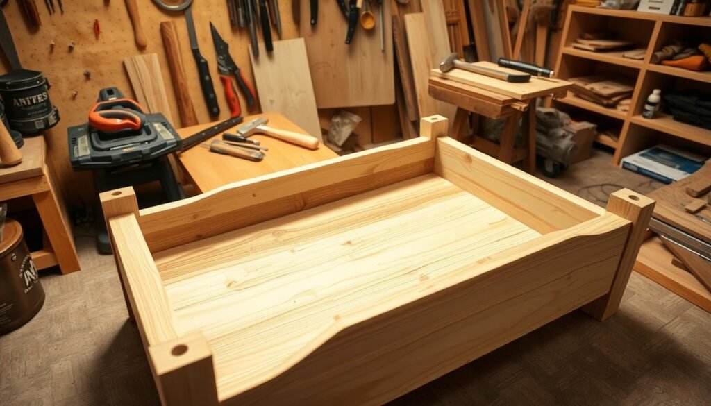 A well-lit, high-angle view of a detailed wooden dog bed construction process. In the foreground, a hand-crafted dog bed frame made of smooth, natural pine planks takes shape, with precise joints and sturdy construction. In the middle ground, various woodworking tools like a saw, chisel, and hammer are neatly arranged, conveying a sense of focused DIY craftsmanship. The background features a warm, softly-lit workshop setting, with wooden shelves and a workbench creating a cozy, rustic atmosphere. The overall scene radiates a sense of careful, step-by-step woodworking, perfectly suited to illustrate the construction of a stylish, homemade dog bed.