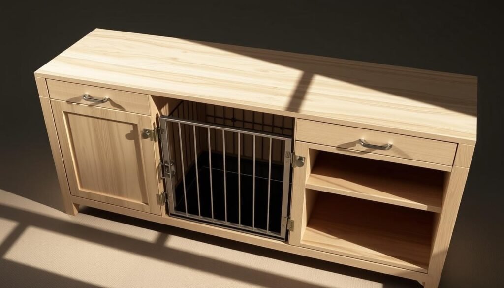 A well-lit, high-angle view of a sleek, modern dog crate console with generous storage compartments. The console features a clean, minimalist design with a smooth, light-colored wood surface, complemented by muted metal hardware. Crisp shadows and highlights accentuate the dimensional details, creating a sense of depth and visual interest. The crate area is proportionate and unobtrusive, seamlessly integrated into the overall design. The composition emphasizes the practical functionality and stylish aesthetic of the piece, suitable for an article on creating a customized dog crate console.