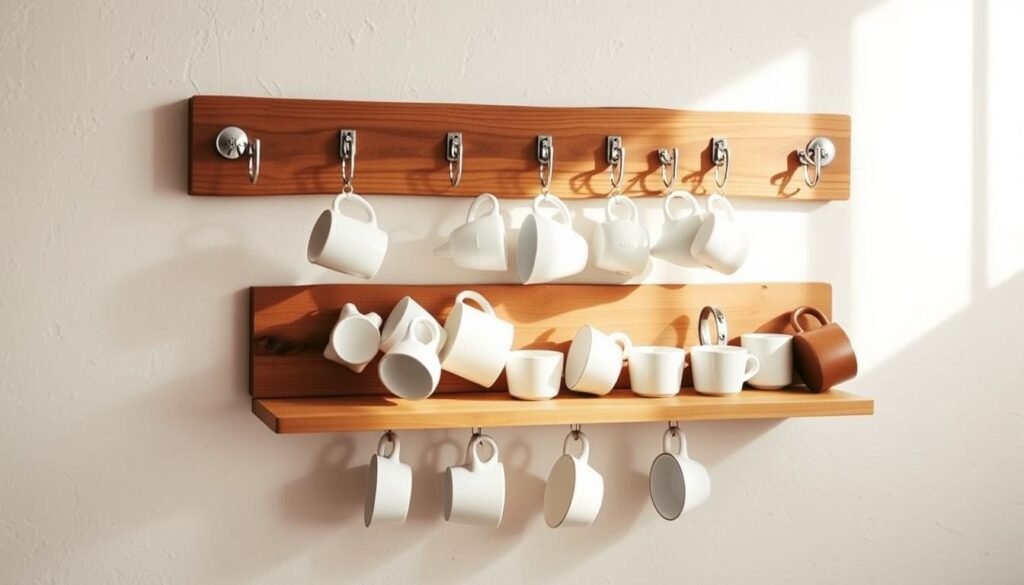 A well-lit, high-angle view of a wall-mounted mug display shelf installation. The foreground shows a series of polished chrome mug hooks or rails securely mounted on a rustic wooden plank. The middle ground features a selection of ceramic mugs, cups, and teacups neatly organized and suspended from the hooks. The background depicts a neutral-toned, textured wall, providing a clean, minimalist backdrop that highlights the display. The lighting is natural, diffused, and slightly from the side, creating soft shadows and highlights that accentuate the shapes and materials. The overall composition conveys a sense of practical organization and aesthetic harmony, suitable for a DIY home decor project.