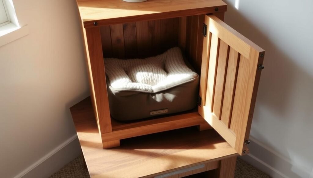 A well-lit, high-angle view of a wooden dog crate, its door open, sitting atop a sturdy, rustic end table. The crate has been artfully transformed, with a smooth, refined finish that blends seamlessly with the table's design. Soft, natural lighting illuminates the scene, highlighting the warm tones of the wood and the clean, minimalist aesthetic. The crate's interior is visible, showcasing a cozy, plush pet bed, inviting the viewer to imagine the perfect nook for a beloved canine companion. The overall composition conveys a sense of harmony between function and style, reflecting the thoughtful preparation required to create this multifunctional piece of furniture.