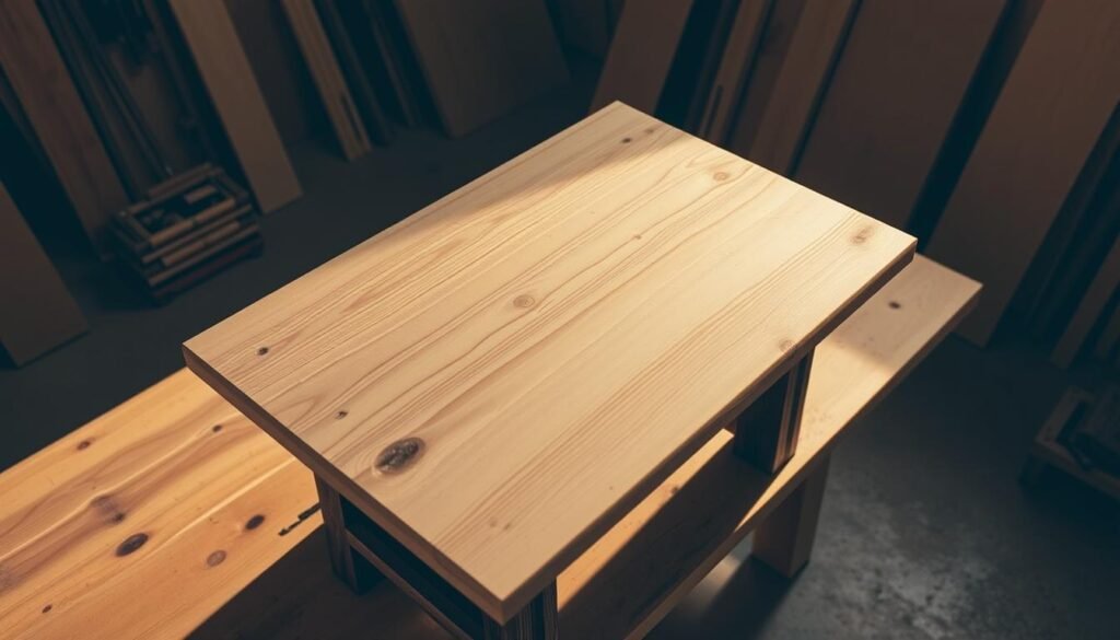 A well-lit, high-angle view of a woodworking workbench, showcasing the process of attaching a solid wood tabletop to a sturdy base. The tabletop, with its smooth, sanded surface and natural wood grain, is carefully aligned and secured to the base using a set of wood screws. The base, made of dark, robust wood, stands firmly on the workbench, providing a stable foundation. The scene is bathed in warm, directional lighting, casting gentle shadows that accentuate the textures and details of the materials. The overall atmosphere conveys a sense of precision, craftsmanship, and the satisfying process of bringing a functional, high-quality piece of furniture to life. A well-lit, high-angle view of a woodworking workbench, showcasing the process of attaching a solid wood tabletop to a sturdy base. The tabletop, with its smooth, sanded surface and natural wood grain, is carefully aligned and secured to the base using a set of wood screws. The base, made of dark, robust wood, stands firmly on the workbench, providing a stable foundation. The scene is bathed in warm, directional lighting, casting gentle shadows that accentuate the textures and details of the materials. The overall atmosphere conveys a sense of precision, craftsmanship, and the satisfying process of bringing a functional, high-quality piece of furniture to life.