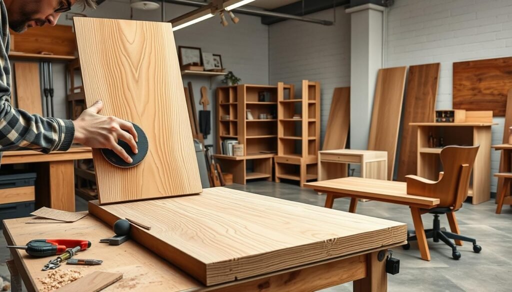 A well-lit, high-resolution image of a sleek, modern workshop showcasing various advanced DIY furniture techniques. In the foreground, a skilled craftsperson meticulously sanding a beautifully grained wood panel using a belt sander, with precision tools and hardware neatly organized on a workbench. In the middle ground, an intricate joint-making process is underway, with dovetail and mortise-and-tenon joints being carefully assembled. The background reveals a collection of finished furniture pieces, each exhibiting a unique blend of rustic and contemporary elements, such as a minimalist wooden bookshelf, a mid-century inspired coffee table, and a handcrafted, ergonomic desk chair. The overall atmosphere conveys a sense of expertise, creativity, and a passion for the art of woodworking.