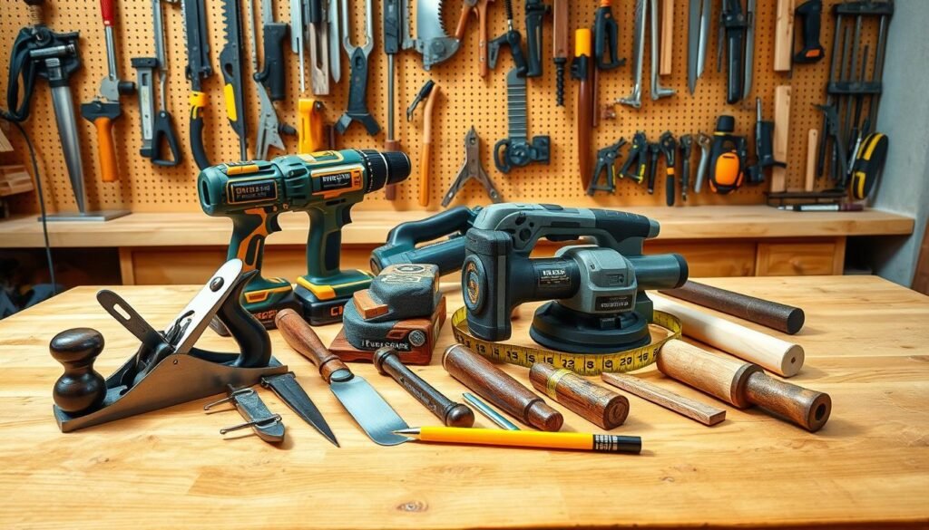 A well-lit, high-resolution image of an assortment of classic woodworking tools arranged on a wooden workbench. In the foreground, a hand plane, chisel set, and wood rasp are neatly displayed. In the middle ground, a cordless power drill, jigsaw, and random orbital sander sit alongside a tape measure and pencil. In the background, a sturdy workbench with a pegboard wall, holding a collection of hand saws, clamps, and other essential tools for a woodworking project. The scene conveys a sense of organization, craftsmanship, and the essential equipment needed to create a beautiful woodworking round table. A well-lit, high-resolution image of an assortment of classic woodworking tools arranged on a wooden workbench. In the foreground, a hand plane, chisel set, and wood rasp are neatly displayed. In the middle ground, a cordless power drill, jigsaw, and random orbital sander sit alongside a tape measure and pencil. In the background, a sturdy workbench with a pegboard wall, holding a collection of hand saws, clamps, and other essential tools for a woodworking project. The scene conveys a sense of organization, craftsmanship, and the essential equipment needed to create a beautiful woodworking round table.