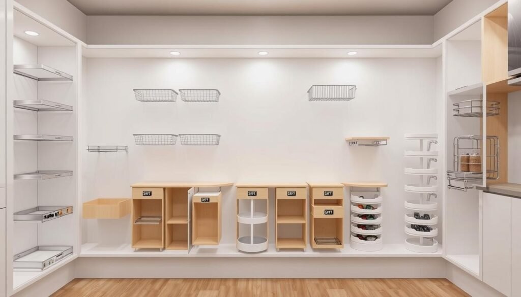 A well-lit, high-resolution image showcasing a comprehensive cost comparison of various corner cabinet pull-out solutions. The foreground displays an array of pull-out units, including shelves, baskets, and carousels, arranged neatly with clear pricing details. The middle ground offers a clean, neutral background, allowing the products to take center stage. The lighting is soft and even, highlighting the materials and finishes of the pull-out systems. The perspective is slightly angled, providing a clear, unobstructed view of the different options. The overall mood is informative and visually appealing, helping the viewer understand the relative costs of the featured corner cabinet storage solutions.
