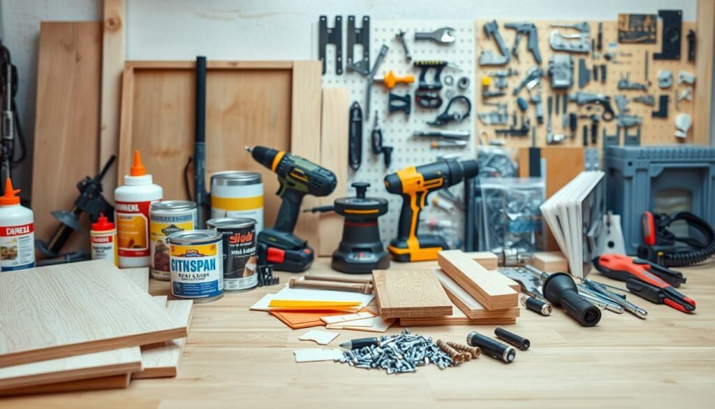A well-lit, high-resolution image showcasing an assortment of DIY materials for a fish tank cabinet. The foreground features a variety of woodworking supplies, including plywood sheets, wood glue, sandpaper, and wood stain cans. The middle ground displays power tools like a jigsaw, drill, and orbital sander. In the background, a selection of hardware items, such as hinges, screws, and drawer slides, is neatly organized. The overall scene conveys a sense of preparation and attention to detail, with a focus on the essential components needed to build a customizable and affordable fish tank stand.
