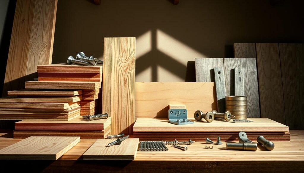 A well-lit, high-resolution image showcasing various building materials commonly used for constructing a durable woodworking shed. The foreground features a prominent display of wood planks, plywood sheets, and weatherproof siding options in a variety of textures and finishes. The middle ground showcases sturdy hardware like screws, nails, hinges, and brackets, while the background subtly depicts the shadow of a traditional shed silhouette, suggesting the intended use of these materials. The overall composition is balanced, inviting the viewer to closely examine the quality and versatility of the presented materials.