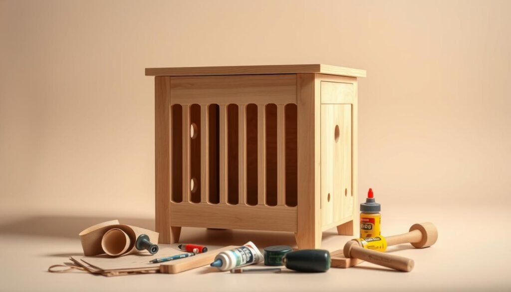 A well-lit, high-resolution photograph of a wooden dog crate end table against a minimalist, neutral-toned background. The table features a clean, modern design with a smooth, polished surface. The crate section is seamlessly integrated, with a subtle hinge mechanism and ventilation holes. In the foreground, various DIY tools and materials, such as sandpaper, wood glue, and a mallet, are neatly arranged, suggesting the troubleshooting process. The lighting is soft and diffused, creating a warm, inviting atmosphere that showcases the attention to detail and craftsmanship in the piece.
