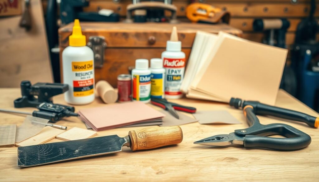 A well-lit, highly detailed tabletop scene showcasing an assortment of essential chair repair tools. In the foreground, a high-quality woodworking chisel, a sturdy mallet, and a set of pliers lay neatly arranged. In the middle ground, a bottle of wood glue, a tube of epoxy, and a selection of sandpapers of varying grits are displayed. The background features a vintage-style workbench, with a classic toolbox and a selection of clamps and vises visible. The overall composition conveys a sense of craftsmanship, professionalism, and the expertise required to permanently fix a dipping wooden chair. A well-lit, highly detailed tabletop scene showcasing an assortment of essential chair repair tools. In the foreground, a high-quality woodworking chisel, a sturdy mallet, and a set of pliers lay neatly arranged. In the middle ground, a bottle of wood glue, a tube of epoxy, and a selection of sandpapers of varying grits are displayed. The background features a vintage-style workbench, with a classic toolbox and a selection of clamps and vises visible. The overall composition conveys a sense of craftsmanship, professionalism, and the expertise required to permanently fix a dipping wooden chair.