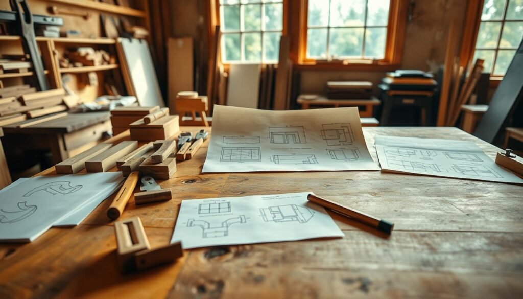 A well-lit, highly detailed workshop scene with a wooden table in the foreground, showcasing an assortment of woodworking tools and materials for drawer assembly planning. In the middle ground, several design sketches and technical diagrams are laid out, depicting various drawer configurations and construction methods. The background features a large window, allowing natural light to flood the space and create a warm, focused atmosphere, emphasizing the precision and care required for this woodworking project. The overall composition conveys a sense of organized planning and imminent productivity, capturing the essence of the "Planning Your Drawer Project" section.