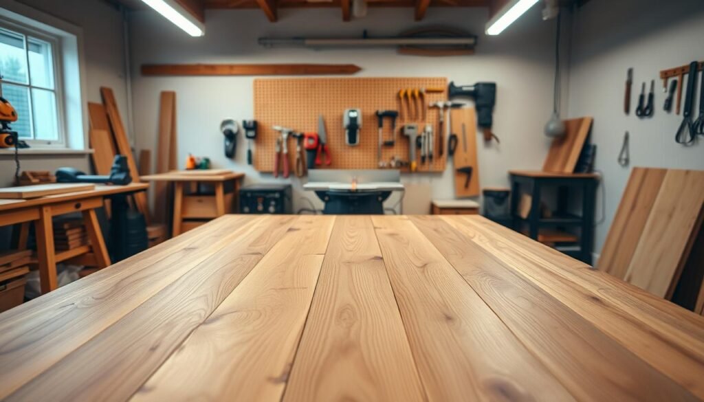 A well-lit modern workshop interior, with a sturdy wooden sofa table in the foreground. Warm overhead lighting illuminates the workspace, casting soft shadows across the table's natural wood grain. In the middle ground, a miter saw stands ready, its blade poised to precisely cut planks of freshly milled lumber. The background features a wall-mounted pegboard, neatly organized with various woodworking tools. The overall atmosphere conveys a sense of focused craftsmanship, as if in preparation for a detailed woodworking project. A well-lit modern workshop interior, with a sturdy wooden sofa table in the foreground. Warm overhead lighting illuminates the workspace, casting soft shadows across the table's natural wood grain. In the middle ground, a miter saw stands ready, its blade poised to precisely cut planks of freshly milled lumber. The background features a wall-mounted pegboard, neatly organized with various woodworking tools. The overall atmosphere conveys a sense of focused craftsmanship, as if in preparation for a detailed woodworking project.