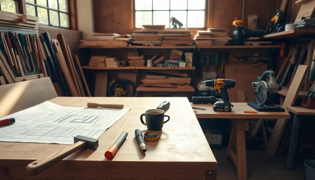 A well-lit, organized woodworking workspace. In the foreground, a sturdy workbench with various hand tools neatly arranged - hammers, saws, chisels, measuring tapes. On the bench, a set of blueprint schematics and a cup of coffee. In the middle ground, shelves stocked with wood planks, hardware, and power tools - a jigsaw, a circular saw, and a cordless drill. The background features large windows letting in natural daylight, casting a warm, focused glow over the entire scene. The atmosphere is one of focused productivity, with everything in its place, ready for a DIY project to commence. A well-lit, organized woodworking workspace. In the foreground, a sturdy workbench with various hand tools neatly arranged - hammers, saws, chisels, measuring tapes. On the bench, a set of blueprint schematics and a cup of coffee. In the middle ground, shelves stocked with wood planks, hardware, and power tools - a jigsaw, a circular saw, and a cordless drill. The background features large windows letting in natural daylight, casting a warm, focused glow over the entire scene. The atmosphere is one of focused productivity, with everything in its place, ready for a DIY project to commence.