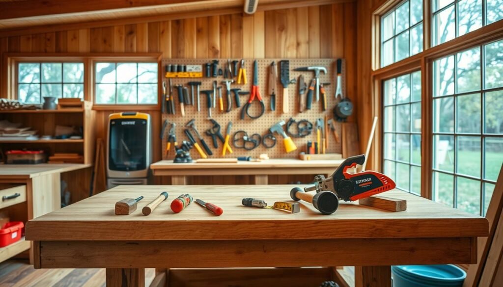 A well-lit, spacious wooden workshop with a sturdy workbench in the foreground. Various woodworking tools neatly arranged on the bench, including a saw, hammer, chisel, and measuring tape. In the middle ground, a pegboard on the wall displays an organized array of hand tools. The background showcases large windows allowing ample natural light to flood the space, creating a warm, inviting atmosphere. The overall scene conveys a sense of order, efficiency, and a dedicated workspace primed for a DIY woodworking project.