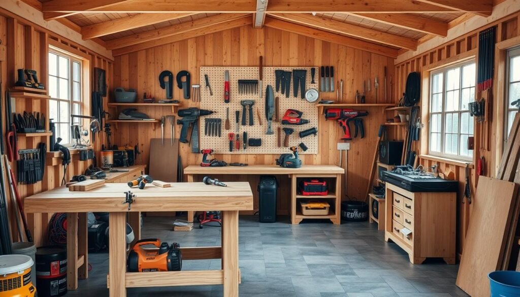 A well-lit, spacious woodworking shed with a thoughtfully designed layout. In the foreground, a sturdy workbench takes center stage, surrounded by neatly organized hand tools and power tools. The middle ground features a pegboard wall displaying a variety of saws, chisels, and other essential woodworking implements. In the background, large windows flood the space with natural light, casting a warm glow over the scene. The floor is finished with durable, slip-resistant tiles, and the overall atmosphere conveys a sense of efficiency and inspiration, perfect for crafting the ultimate woodworking retreat.