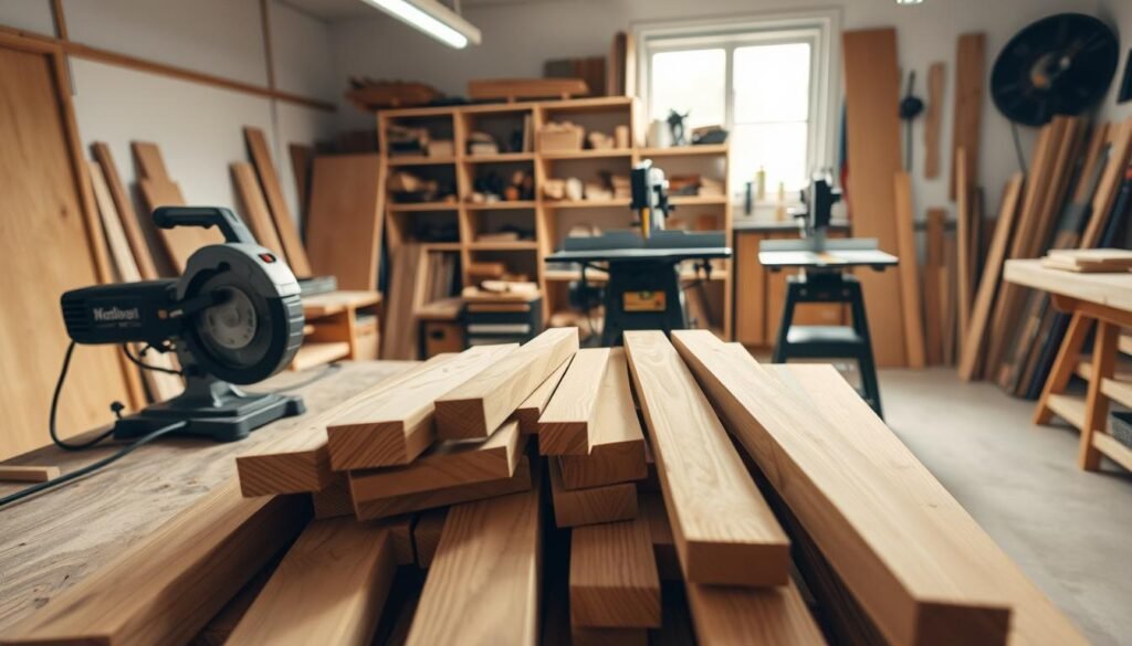 A well-lit, spacious woodworking workshop. In the foreground, a sturdy workbench holds an assortment of freshly cut wooden planks, their grain patterns visible. A manual power saw stands nearby, ready for the next cut. In the middle ground, a table-mounted miter saw stands sentinel, its blade poised to precisely shape the wood. The background reveals an organized shelf system, housing various tools and supplies needed for this DIY project. Soft, directional lighting casts warm shadows, creating a focused, productive atmosphere. The camera angle captures the scene from a slightly elevated, three-quarter view, providing a comprehensive overview of the wood preparation process.