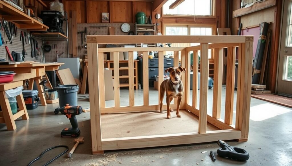 A well-lit, step-by-step visual guide to building a DIY dog crate. In the foreground, a wooden crate frame takes shape, with tools and materials neatly arranged. In the middle ground, a medium-sized dog observes the process with curiosity. The background depicts a cozy, rustic workshop setting, complete with pegboards, shelves, and natural lighting from large windows. The overall atmosphere conveys a sense of focus, functionality, and a DIY spirit. The camera angle provides a clear, detailed view of the crate construction, showcasing the process in a manner that would be informative and visually appealing for the article.