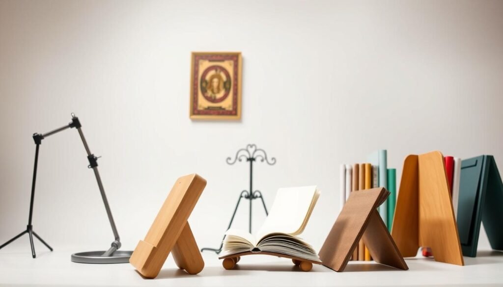 A well-lit studio setting, showcasing an arrangement of diverse book holder styles. In the foreground, a minimalist wooden book stand in a natural finish, its clean lines and elegant simplicity. Beside it, a sleek metal book holder with an adjustable arm, capturing the modern, functional aesthetic. In the middle ground, a vintage-inspired book easel with ornate detailing, evoking a sense of old-world charm. Further back, a variety of foldable book stands in various colors and materials, demonstrating their practical and space-saving capabilities. Soft, diffused lighting from above casts a warm, inviting glow, highlighting the tactile textures and materials of each book holder. The overall scene conveys a harmonious balance of form, function, and timeless appeal, perfectly complementing the "DIY Book Holder" article's exploration of popular styles.