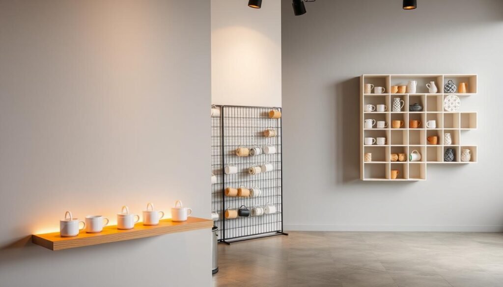 A well-lit studio setting showcasing an assortment of modern mug display shelves. The foreground features a minimalist, floating wooden shelf with carefully arranged mugs in neutral tones. The middle ground highlights a sleek metal grid system, allowing for customizable mug placement. In the background, a wall-mounted shelving unit with decorative cubbies displays a variety of unique mug shapes and sizes. Warm, diffused lighting creates a cozy, inviting atmosphere, while a subtle grey backdrop emphasizes the clean, contemporary design of the mug display solutions.