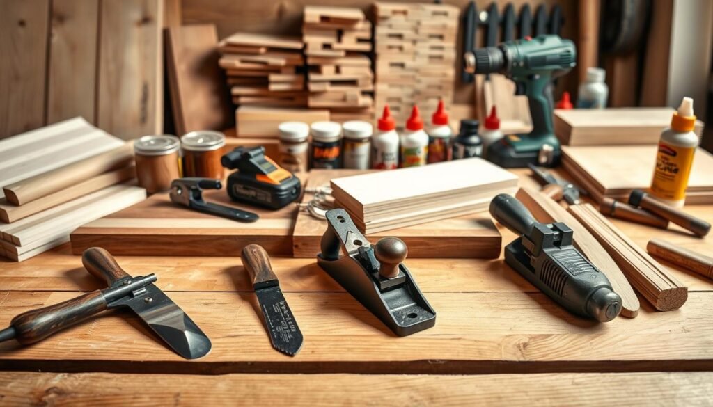 A well-lit wooden tabletop, displaying an assortment of essential woodworking tools and materials for a tray project. In the foreground, a high-quality chisel, a smooth-edged hand plane, and a selection of sandpapers in varying grits. In the middle ground, a sturdy miter saw, a powerful cordless drill, and a collection of stains and varnishes. In the background, a stack of neatly cut wooden boards, a set of clamps, and a bottle of wood glue, all arranged in a visually appealing, organized manner. The lighting is soft and natural, creating a warm, inviting atmosphere that emphasizes the craftsmanship and attention to detail required for a successful woodworking tray project.