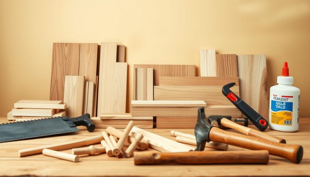 A well-lit, wooden tabletop scene showcasing the materials needed for a tablet stand project. In the foreground, an assortment of woodworking tools including a saw, hammer, and wood glue. In the middle ground, various wooden planks, dowels, and panels of varying grains and tones. The background features a neutral, warm-toned backdrop, creating a cohesive, rustic atmosphere. The lighting is soft and natural, highlighting the textures and grains of the wood. The overall composition is balanced and inviting, drawing the viewer's attention to the essential materials required for the tablet stand construction.
