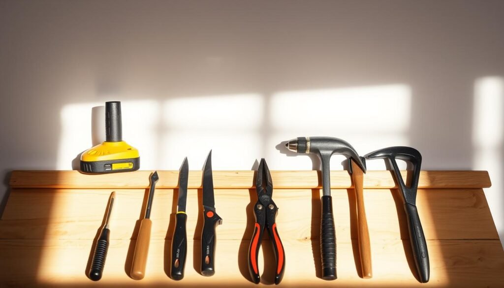 A well-lit wooden workbench against a plain white backdrop, with an array of DIY tools neatly arranged in the foreground. The tools include a power drill, a cordless screwdriver, a chisel, a hammer, a tape measure, and a set of pliers. The lighting is soft and natural, casting gentle shadows that add depth and dimension to the scene. The tools are captured in high resolution, with a shallow depth of field to keep the focus on the essentials. The overall atmosphere is one of organized efficiency, hinting at the productive project to come.