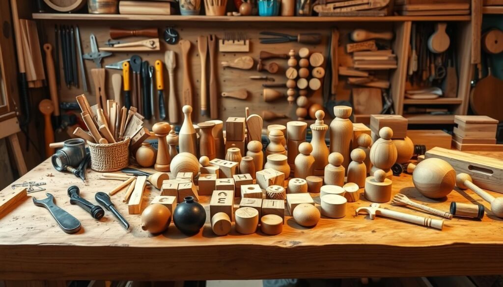 A well-lit, wooden workbench filled with an assortment of hand tools, woodworking supplies, and various unfinished DIY wooden baby gifts in the foreground. In the middle ground, a collection of wooden blocks, rattles, and other simple wooden toys. The background features a cozy, rustic-inspired setting with warm lighting, complementing the natural tones of the wood. The overall mood is one of craftsmanship, creativity, and the warmth of handmade gifts for a newborn's first holiday. A well-lit, wooden workbench filled with an assortment of hand tools, woodworking supplies, and various unfinished DIY wooden baby gifts in the foreground. In the middle ground, a collection of wooden blocks, rattles, and other simple wooden toys. The background features a cozy, rustic-inspired setting with warm lighting, complementing the natural tones of the wood. The overall mood is one of craftsmanship, creativity, and the warmth of handmade gifts for a newborn's first holiday.