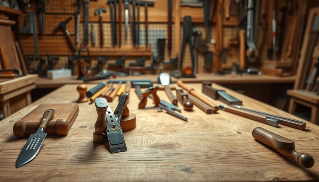 A well-lit wooden workbench, its surface adorned with an assortment of handcrafted woodworking tools. In the foreground, a sturdy chisel, a finely sharpened plane, and a set of traditional Japanese saws stand ready, their polished metal gleaming under the warm glow of a directional light. In the middle ground, a diverse collection of clamps, measuring devices, and carving tools are neatly arranged, reflecting the precision and care required for sideboard construction. The background features a tidy workshop, with pegboards displaying an array of specialized woodworking implements, conveying the sense of a dedicated workspace for the creation of a beautiful, custom-made sideboard.