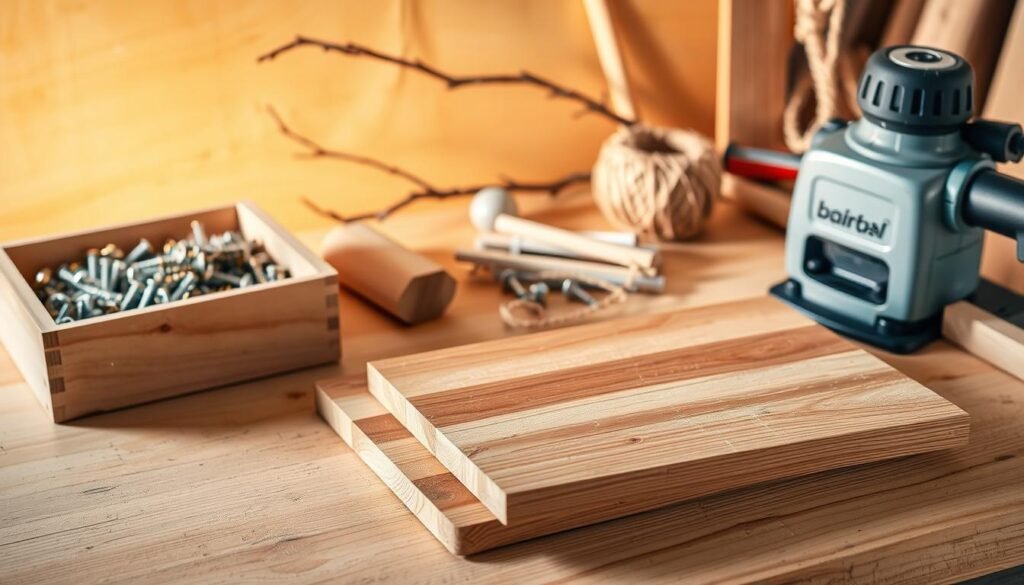 A well-lit wooden workbench, with a variety of tools and materials neatly arranged. In the foreground, a collection of smooth, sanded wooden planks in various shades of brown, ready to be transformed into a sturdy toy box. Nearby, a box of wood screws, sandpaper sheets, and a mallet sit alongside a hand-held power sander. In the middle ground, a graceful hardwood tree branch and a bundle of natural jute twine hint at the rustic charm of the final project. The background features a warm, golden lighting, casting a cozy glow over the scene and emphasizing the organic textures of the materials. A well-lit wooden workbench, with a variety of tools and materials neatly arranged. In the foreground, a collection of smooth, sanded wooden planks in various shades of brown, ready to be transformed into a sturdy toy box. Nearby, a box of wood screws, sandpaper sheets, and a mallet sit alongside a hand-held power sander. In the middle ground, a graceful hardwood tree branch and a bundle of natural jute twine hint at the rustic charm of the final project. The background features a warm, golden lighting, casting a cozy glow over the scene and emphasizing the organic textures of the materials.