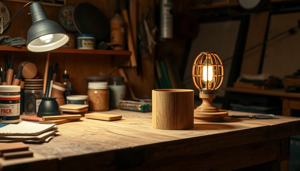 A well-lit wooden workbench with various finishing tools and techniques displayed. In the foreground, an assortment of sandpapers, stains, and polishing cloths. In the middle ground, a partially completed wooden lamp base, showcasing the application of a natural wood stain. In the background, a vintage-style lamp with a warm, glowing light casts a soft, inviting ambiance. The scene is illuminated by a combination of directional lighting, capturing the textures and grains of the wood in vivid detail. The overall mood is one of craftsmanship, attention to detail, and the artistry of transforming raw wood into a functional and visually appealing lighting fixture. A well-lit wooden workbench with various finishing tools and techniques displayed. In the foreground, an assortment of sandpapers, stains, and polishing cloths. In the middle ground, a partially completed wooden lamp base, showcasing the application of a natural wood stain. In the background, a vintage-style lamp with a warm, glowing light casts a soft, inviting ambiance. The scene is illuminated by a combination of directional lighting, capturing the textures and grains of the wood in vivid detail. The overall mood is one of craftsmanship, attention to detail, and the artistry of transforming raw wood into a functional and visually appealing lighting fixture.