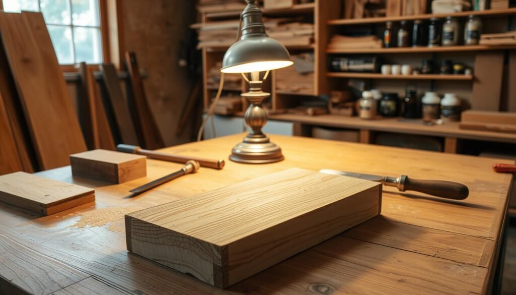 A well-lit wooden workshop table, the surface covered in tools and materials for crafting a lamp base. In the foreground, a freshly sanded wooden block, its grain visible, waiting to be stained. Beside it, a sandpaper block, chisel, and other woodworking implements. In the middle ground, a vintage-style desk lamp casts a warm glow, illuminating the scene. The background features shelves of lumber, jars of stains and finishes, and a window that allows natural light to filter in, creating a serene and focused atmosphere for the woodworking process.