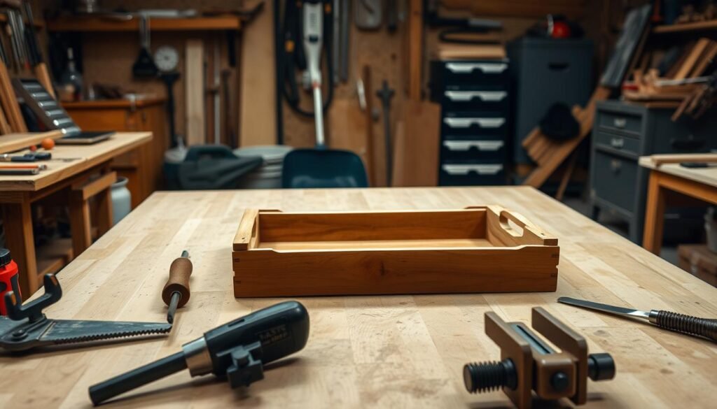 A well-lit woodworking studio, with a workbench in the foreground featuring a variety of tools, including a handsaw, chisel, and a set of clamps. In the middle ground, a partially assembled wooden tray sits on the workbench, its construction revealing common issues like misaligned joints or uneven edges. The background showcases various woodworking accessories, such as a toolbox, a dustpan, and a rolling cabinet, creating a sense of a professional, problem-solving workspace. The overall mood is one of focused problem-solving, with a touch of rustic charm.