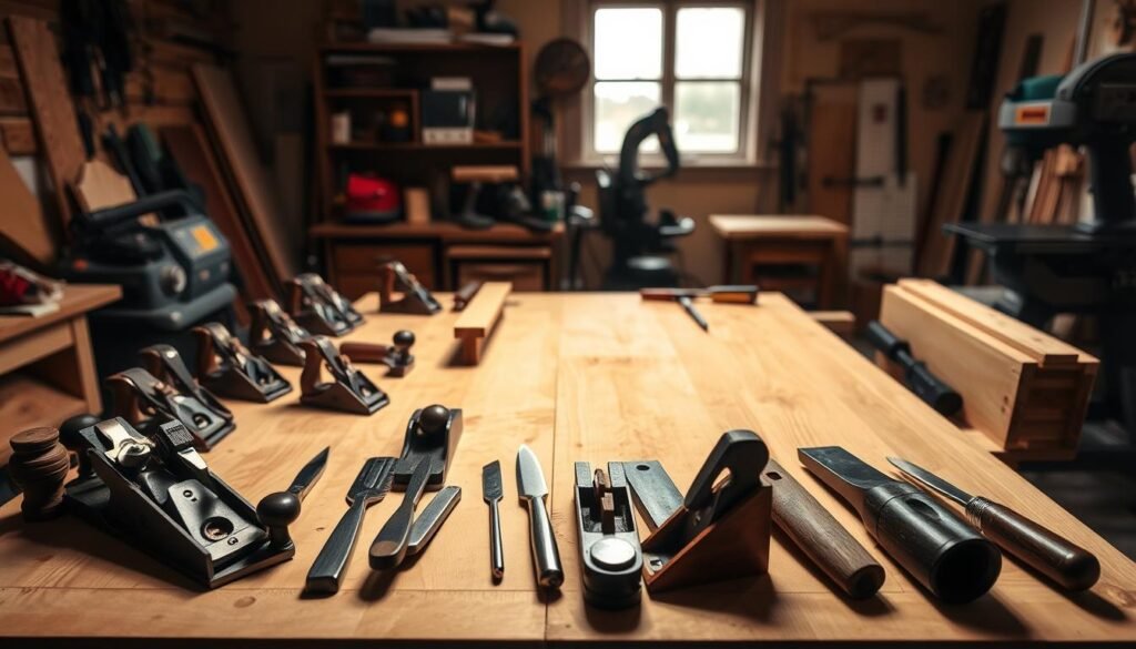 A well-lit woodworking studio with an assortment of tools neatly arranged on a wooden workbench. In the foreground, a selection of hand planes, chisels, and a dovetail saw are positioned with precision. In the middle ground, a random orbital sander, a jigsaw, and a power drill stand ready for use. In the background, a bandsaw and a miter saw occupy the corners, creating a sense of depth and a comprehensive workshop setup. The lighting is warm and directional, casting subtle shadows that accentuate the textures and forms of the tools. The overall atmosphere conveys a sense of focused craftsmanship and attention to detail, befitting the creation of a custom woodworking table top. A well-lit woodworking studio with an assortment of tools neatly arranged on a wooden workbench. In the foreground, a selection of hand planes, chisels, and a dovetail saw are positioned with precision. In the middle ground, a random orbital sander, a jigsaw, and a power drill stand ready for use. In the background, a bandsaw and a miter saw occupy the corners, creating a sense of depth and a comprehensive workshop setup. The lighting is warm and directional, casting subtle shadows that accentuate the textures and forms of the tools. The overall atmosphere conveys a sense of focused craftsmanship and attention to detail, befitting the creation of a custom woodworking table top.