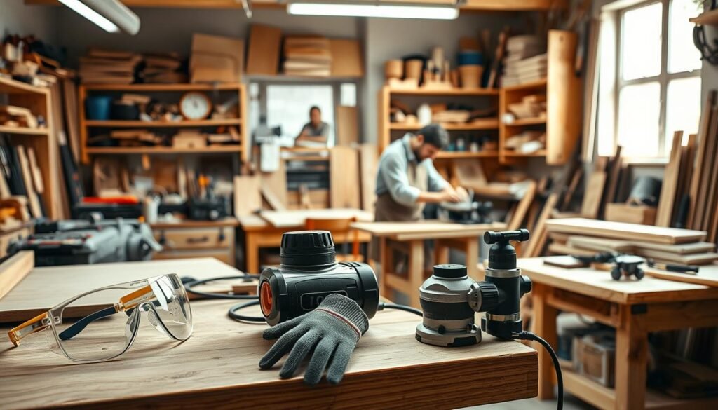 A well-lit woodworking workshop, filled with the scent of freshly sanded wood. In the foreground, a workbench showcases essential safety gear: goggles, gloves, and a dust mask. Precise power tools, like a table saw and a router, are positioned nearby, their presence a reminder of the importance of caution. The middle ground depicts a skilled artisan, clad in a sturdy apron, carefully operating a bandsaw, their movements controlled and focused. In the background, shelves brimming with neatly organized tools and materials create a sense of order and organization, underscoring the importance of a well-maintained workspace. The overall atmosphere conveys a balance of creativity and diligence, where safety and craftsmanship go hand in hand. A well-lit woodworking workshop, filled with the scent of freshly sanded wood. In the foreground, a workbench showcases essential safety gear: goggles, gloves, and a dust mask. Precise power tools, like a table saw and a router, are positioned nearby, their presence a reminder of the importance of caution. The middle ground depicts a skilled artisan, clad in a sturdy apron, carefully operating a bandsaw, their movements controlled and focused. In the background, shelves brimming with neatly organized tools and materials create a sense of order and organization, underscoring the importance of a well-maintained workspace. The overall atmosphere conveys a balance of creativity and diligence, where safety and craftsmanship go hand in hand.