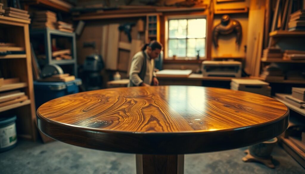 A well-lit woodworking workshop, the focus on a craftsman's hands carefully applying a glossy wood finish to the surface of a round table. The table is positioned prominently in the middle ground, bathed in warm, directional lighting that highlights the grain and texture of the wood. In the background, shelves of woodworking tools and materials create a sense of a professional, experienced workspace. The atmosphere is one of focused concentration and the pride of a job well done, with a subtle sense of anticipation for the final, polished result. A well-lit woodworking workshop, the focus on a craftsman's hands carefully applying a glossy wood finish to the surface of a round table. The table is positioned prominently in the middle ground, bathed in warm, directional lighting that highlights the grain and texture of the wood. In the background, shelves of woodworking tools and materials create a sense of a professional, experienced workspace. The atmosphere is one of focused concentration and the pride of a job well done, with a subtle sense of anticipation for the final, polished result.