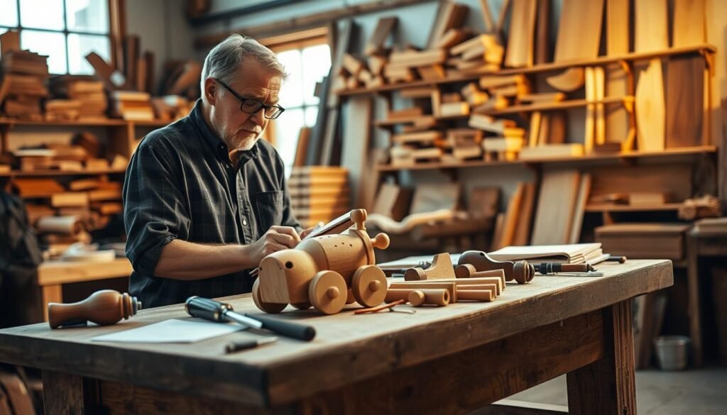 A well-lit woodworking workshop, with a sturdy workbench in the foreground. On the bench, an array of tools - chisels, saws, sandpaper, and a partially completed wooden toy. In the middle ground, an experienced craftsperson examines the toy, brow furrowed in concentration, while making notes in a leather-bound journal. The background features shelves stocked with a variety of wood types, and a large window letting in natural light, illuminating the scene with a warm, inviting glow. The overall atmosphere conveys a sense of focused problem-solving and the rewarding process of handcrafting toys with care and attention to detail. A well-lit woodworking workshop, with a sturdy workbench in the foreground. On the bench, an array of tools - chisels, saws, sandpaper, and a partially completed wooden toy. In the middle ground, an experienced craftsperson examines the toy, brow furrowed in concentration, while making notes in a leather-bound journal. The background features shelves stocked with a variety of wood types, and a large window letting in natural light, illuminating the scene with a warm, inviting glow. The overall atmosphere conveys a sense of focused problem-solving and the rewarding process of handcrafting toys with care and attention to detail.