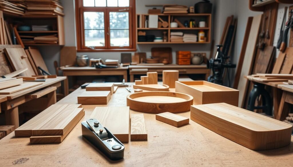 A well-lit workbench showcases an array of wood pieces, their surfaces smooth and sanded, ready for the next stage of crafting. A variety of hand tools, including a plane, chisels, and a miter saw, stand at the ready, their metal surfaces gleaming. Soft, diffused light from a large window casts a warm glow, accentuating the natural grain and textures of the wood. In the background, shelves hold a collection of woodworking materials, from sandpaper to finishing oils, hinting at the care and precision that goes into creating a beautiful woodworking tray.