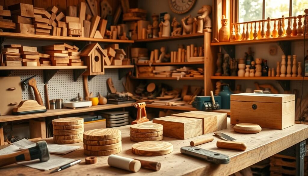 A well-lit workshop filled with a variety of budget-friendly woodworking projects, including a set of hand-carved wooden coasters, a simple yet elegant wall-mounted birdhouse, and a rustic wooden keepsake box. In the foreground, an array of basic tools such as a hammer, sandpaper, and a small hand saw, neatly arranged on a workbench. The middle ground showcases the finished projects, each showcasing the natural beauty of the wood grain and a touch of personalization. In the background, shelves brimming with various woodworking materials, including blocks of wood, finishing oils, and a collection of hand-carved figurines, all illuminated by warm, natural lighting streaming through a large window.