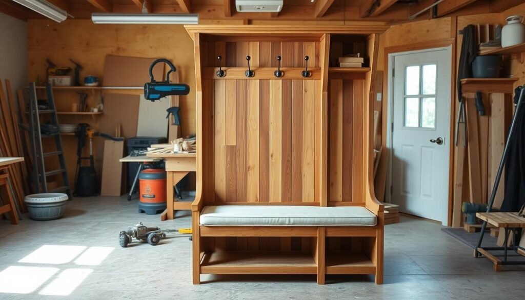 A well-lit workshop interior with a beautifully crafted hall tree assembly in the foreground. The hall tree features a sturdy wooden frame with intricate joinery, a padded bench seat, and a symmetrical arrangement of hooks and shelves. The middle ground showcases various woodworking tools and materials, hinting at the process of creating this functional piece of furniture. The background is softly blurred, creating a sense of depth and focus on the main subject. The lighting is warm and natural, casting gentle shadows that accentuate the texture and craftsmanship of the hall tree. An atmosphere of precision, creativity, and DIY satisfaction permeates the scene. A well-lit workshop interior with a beautifully crafted hall tree assembly in the foreground. The hall tree features a sturdy wooden frame with intricate joinery, a padded bench seat, and a symmetrical arrangement of hooks and shelves. The middle ground showcases various woodworking tools and materials, hinting at the process of creating this functional piece of furniture. The background is softly blurred, creating a sense of depth and focus on the main subject. The lighting is warm and natural, casting gentle shadows that accentuate the texture and craftsmanship of the hall tree. An atmosphere of precision, creativity, and DIY satisfaction permeates the scene.