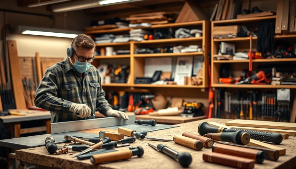 A well-lit workshop interior with a focus on woodworking safety equipment and practices. In the foreground, a worker wearing a dust mask, safety goggles, and gloves operates a table saw with caution. On a workbench in the middle ground, an assortment of hand tools like chisels, hammers, and clamps are neatly organized. The background features shelves stocked with neatly arranged power tools, safety manuals, and personal protective gear. Warm, diffused lighting creates an atmosphere of care and professionalism. The overall scene conveys a sense of safety, order, and attention to detail essential for a successful woodworking project.