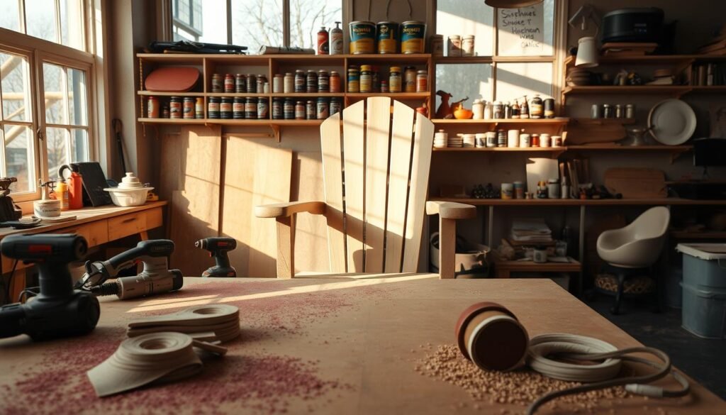 A well-lit workshop interior, with a large workbench in the foreground. On the workbench, an assortment of power tools and sandpaper of various grits, neatly arranged. In the middle ground, an unfinished outdoor wooden chair, its surfaces rough and ready for sanding. The chair is illuminated by warm, natural lighting streaming in from large windows, casting long shadows. In the background, shelves filled with stains, varnishes, and other finishing supplies. The overall atmosphere is one of focused productivity, with a touch of DIY homeliness. A well-lit workshop interior, with a large workbench in the foreground. On the workbench, an assortment of power tools and sandpaper of various grits, neatly arranged. In the middle ground, an unfinished outdoor wooden chair, its surfaces rough and ready for sanding. The chair is illuminated by warm, natural lighting streaming in from large windows, casting long shadows. In the background, shelves filled with stains, varnishes, and other finishing supplies. The overall atmosphere is one of focused productivity, with a touch of DIY homeliness.