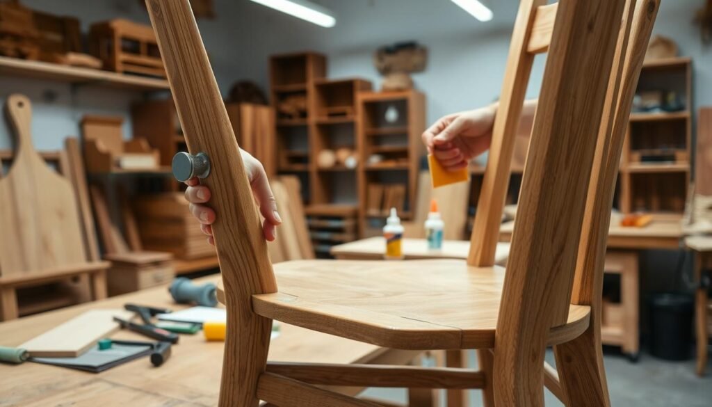 A well-lit workshop interior, with a sturdy wooden chair positioned prominently in the foreground. The chair's joints are being inspected by a pair of skilled hands, examining for any signs of wear or looseness. In the middle ground, various tools and materials for chair maintenance are neatly arranged on a workbench, including sandpaper, wood glue, and clamps. The background features shelves filled with additional wooden furniture, suggesting a focus on preserving the longevity of these pieces. The overall mood is one of thoughtful, methodical care, conveying the importance of proactive maintenance to ensure the continued stability and durability of the wooden chair. A well-lit workshop interior, with a sturdy wooden chair positioned prominently in the foreground. The chair's joints are being inspected by a pair of skilled hands, examining for any signs of wear or looseness. In the middle ground, various tools and materials for chair maintenance are neatly arranged on a workbench, including sandpaper, wood glue, and clamps. The background features shelves filled with additional wooden furniture, suggesting a focus on preserving the longevity of these pieces. The overall mood is one of thoughtful, methodical care, conveying the importance of proactive maintenance to ensure the continued stability and durability of the wooden chair.