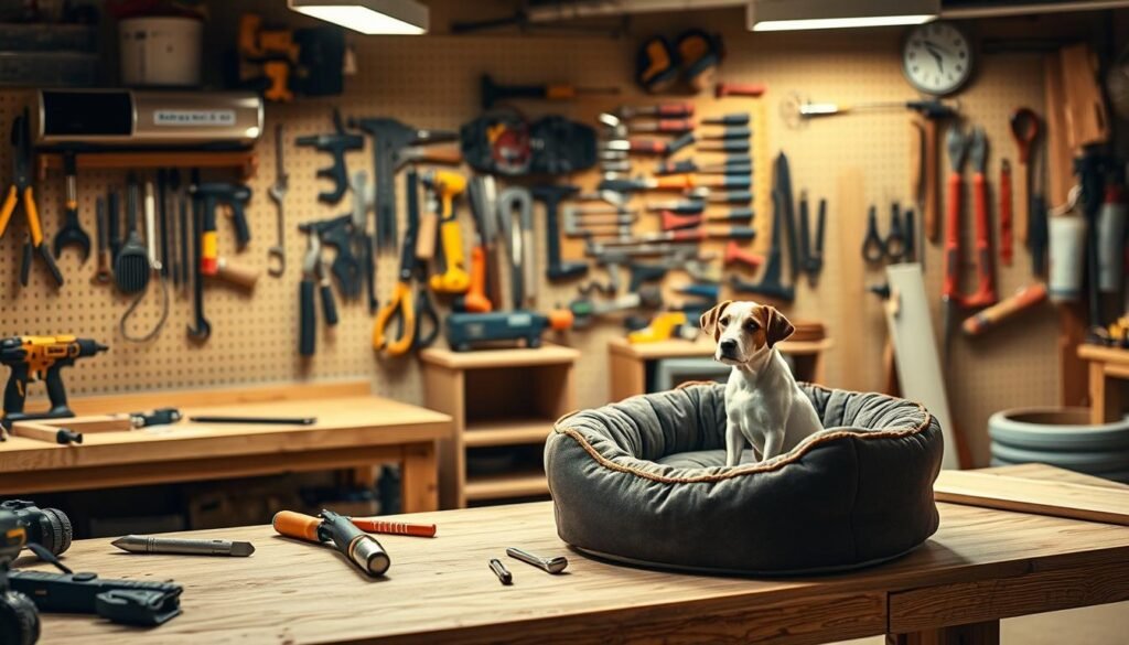 A well-lit workshop interior, with a sturdy workbench in the foreground displaying various woodworking tools and safety equipment. In the middle ground, a cozy dog bed sits adjacent to a partially constructed pet furniture piece, highlighting the need for pet-friendly workspace. The background showcases a neatly organized tool storage wall, suggesting a professional, safety-conscious environment. Soft, warm lighting illuminates the scene, creating a sense of focus and attention to detail. The overall composition conveys the importance of prioritizing safety when creating pet-centric woodworking projects. A well-lit workshop interior, with a sturdy workbench in the foreground displaying various woodworking tools and safety equipment. In the middle ground, a cozy dog bed sits adjacent to a partially constructed pet furniture piece, highlighting the need for pet-friendly workspace. The background showcases a neatly organized tool storage wall, suggesting a professional, safety-conscious environment. Soft, warm lighting illuminates the scene, creating a sense of focus and attention to detail. The overall composition conveys the importance of prioritizing safety when creating pet-centric woodworking projects.