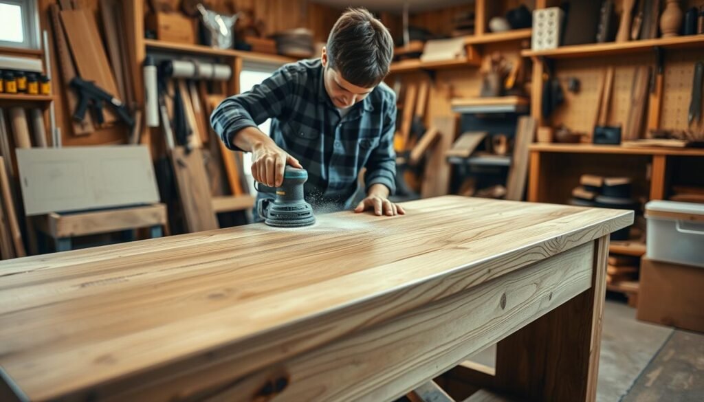 A well-lit workshop interior, with a wooden workbench in the foreground. A person is carefully sanding the surface of a wooden sofa table, using a random orbital sander with fine-grit sandpaper. The table is positioned at a slight angle, allowing for a clear view of the sanding process. In the background, various woodworking tools and materials are neatly organized on shelves, creating a sense of order and focus. The lighting is a warm, natural glow, casting soft shadows and highlights on the wood grain. The overall atmosphere is one of focused craftsmanship, with a sense of calm and precision. A well-lit workshop interior, with a wooden workbench in the foreground. A person is carefully sanding the surface of a wooden sofa table, using a random orbital sander with fine-grit sandpaper. The table is positioned at a slight angle, allowing for a clear view of the sanding process. In the background, various woodworking tools and materials are neatly organized on shelves, creating a sense of order and focus. The lighting is a warm, natural glow, casting soft shadows and highlights on the wood grain. The overall atmosphere is one of focused craftsmanship, with a sense of calm and precision.