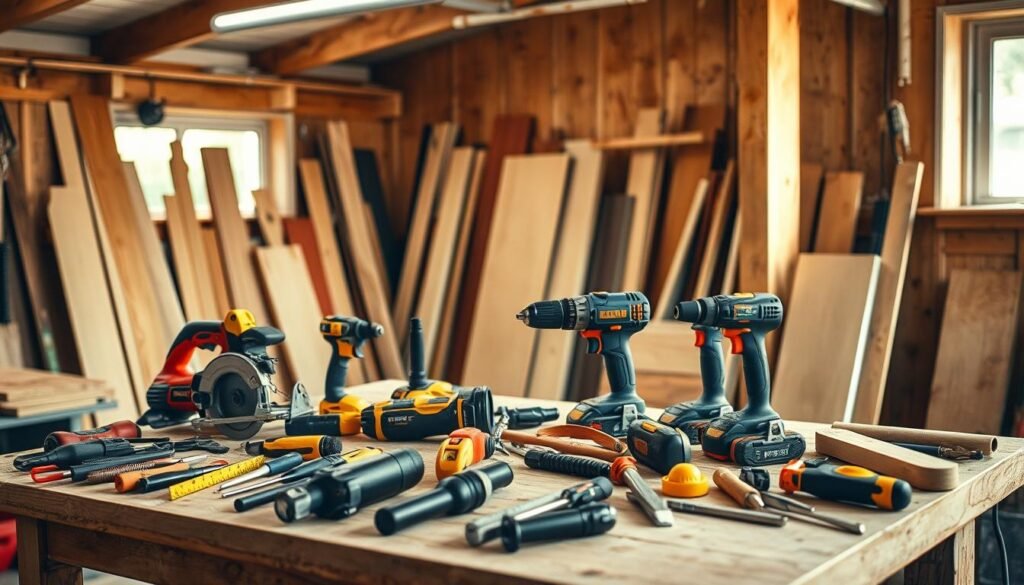 A well-lit workshop interior with a workbench in the foreground, showcasing an assortment of essential DIY tools for building an outdoor cat house. In the center, an array of power tools including a jigsaw, drill, and circular saw. Surrounding them, hand tools like a hammer, screwdrivers, and a tape measure. In the background, wooden boards, planks, and other building materials are neatly organized, hinting at the upcoming construction process. The scene is bathed in warm, natural lighting, conveying a sense of productivity and the satisfaction of crafting a cozy feline retreat. A well-lit workshop interior with a workbench in the foreground, showcasing an assortment of essential DIY tools for building an outdoor cat house. In the center, an array of power tools including a jigsaw, drill, and circular saw. Surrounding them, hand tools like a hammer, screwdrivers, and a tape measure. In the background, wooden boards, planks, and other building materials are neatly organized, hinting at the upcoming construction process. The scene is bathed in warm, natural lighting, conveying a sense of productivity and the satisfaction of crafting a cozy feline retreat.