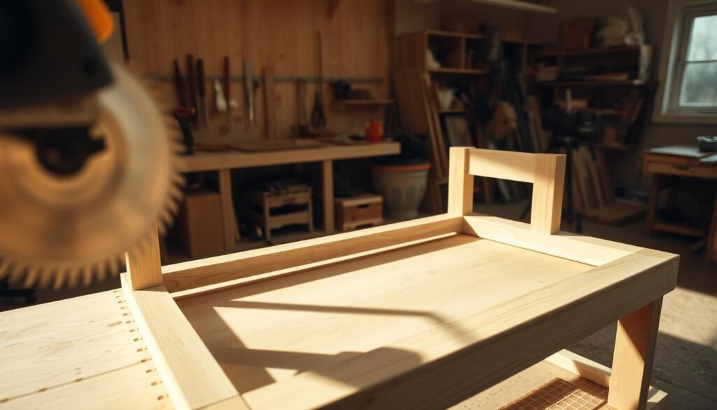 A well-lit workshop scene, a sturdy wooden bench frame being carefully cut with a circular saw. The foreground showcases the precise motion of the blade slicing through the wood, casting dramatic shadows. The middle ground features the bench frame's sturdy, precisely-measured joints and supports, hinting at the structure's robust design. In the background, a clean, organized workspace with various woodworking tools and materials, conveying a sense of skilled craftsmanship. Soft, warm lighting illuminates the scene, evoking a focused, methodical atmosphere. The angle captures the process in a dynamic, cinematic way, emphasizing the importance of this crucial step in building the versatile woodworking storage bench. A well-lit workshop scene, a sturdy wooden bench frame being carefully cut with a circular saw. The foreground showcases the precise motion of the blade slicing through the wood, casting dramatic shadows. The middle ground features the bench frame's sturdy, precisely-measured joints and supports, hinting at the structure's robust design. In the background, a clean, organized workspace with various woodworking tools and materials, conveying a sense of skilled craftsmanship. Soft, warm lighting illuminates the scene, evoking a focused, methodical atmosphere. The angle captures the process in a dynamic, cinematic way, emphasizing the importance of this crucial step in building the versatile woodworking storage bench.