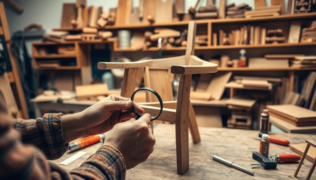 A well-lit workshop scene depicting a person repairing a wooden chair. In the foreground, a pair of hands carefully examining a loose joint, inspecting it closely with a magnifying glass. On the workbench, an assortment of tools including clamps, glue, and sandpaper. In the middle ground, the chair in question, its structure slightly disassembled, revealing the internal joint mechanisms. The background shows shelves filled with various woodworking supplies and finished projects, conveying a sense of expertise and attention to detail. The overall atmosphere is one of focused problem-solving, with warm lighting and a sense of craftsmanship. A well-lit workshop scene depicting a person repairing a wooden chair. In the foreground, a pair of hands carefully examining a loose joint, inspecting it closely with a magnifying glass. On the workbench, an assortment of tools including clamps, glue, and sandpaper. In the middle ground, the chair in question, its structure slightly disassembled, revealing the internal joint mechanisms. The background shows shelves filled with various woodworking supplies and finished projects, conveying a sense of expertise and attention to detail. The overall atmosphere is one of focused problem-solving, with warm lighting and a sense of craftsmanship.
