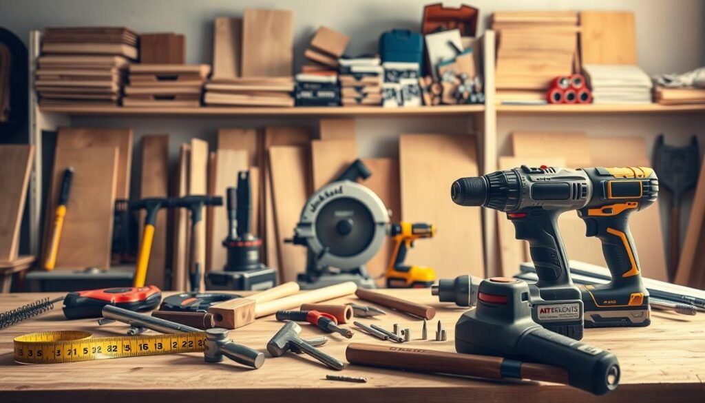 A well-lit workshop scene showcasing an assortment of tools arranged neatly on a wooden workbench. In the foreground, a tape measure, hammer, screwdriver set, and drill with various drill bits are prominently displayed. In the middle ground, a circular saw, jigsaw, and electric sander stand ready for use. The background features shelves stocked with wood panels, screws, nails, and other materials needed to construct a bookcase Murphy bed. The lighting is warm and inviting, casting gentle shadows that accentuate the textures of the tools and materials. The overall composition conveys a sense of organization and preparedness for a DIY home improvement project. A well-lit workshop scene showcasing an assortment of tools arranged neatly on a wooden workbench. In the foreground, a tape measure, hammer, screwdriver set, and drill with various drill bits are prominently displayed. In the middle ground, a circular saw, jigsaw, and electric sander stand ready for use. The background features shelves stocked with wood panels, screws, nails, and other materials needed to construct a bookcase Murphy bed. The lighting is warm and inviting, casting gentle shadows that accentuate the textures of the tools and materials. The overall composition conveys a sense of organization and preparedness for a DIY home improvement project.
