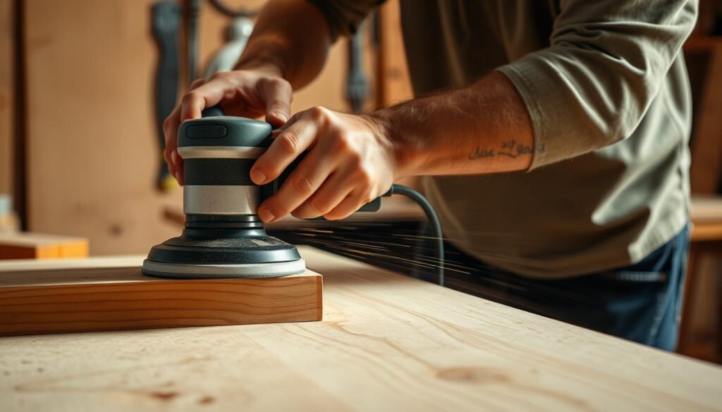 A well-lit workshop scene with a person intently sanding a wooden surface, using a random orbital sander. The sanding motion is captured in motion blur, showing the technique of applying even pressure and moving the sander in overlapping passes. The woodworking surface is positioned at a slight angle, allowing for a clear view of the sanding process. Soft shadows and warm lighting create a focused and professional atmosphere, emphasizing the importance of proper surface preparation. The background features basic workshop tools and materials, providing context without distracting from the main subject.