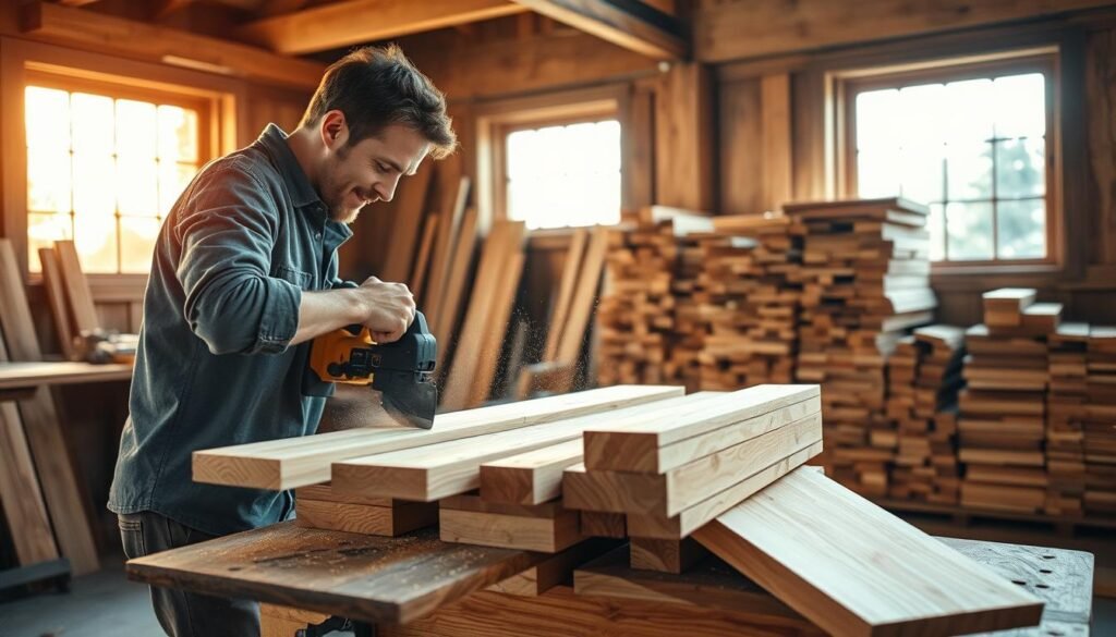 A well-lit workshop with a sturdy workbench, a carpenter's saw, and a stack of fresh wooden boards ready to be cut into precise pieces. The woodgrain textures are detailed and the sawdust flies as the sharp blade slices through the lumber. Warm sunlight streams in through large windows, casting dramatic shadows and highlighting the concentration on the craftsperson's face as they carefully measure and cut each piece to size. The air is filled with the earthy scent of freshly sawn wood, setting the scene for the creation of a beautifully handcrafted wooden hamper.