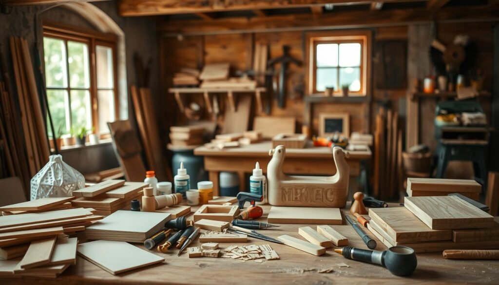 A well-organized DIY woodworking kit set against a warm, rustic backdrop. In the foreground, an assortment of wooden pieces, sandpaper, glue, and various tools neatly arranged, inviting the viewer to imagine the creative process. The middle ground features a sturdy workbench with a muted, natural-toned finish, casting a soft ambient light. In the background, a cozy workshop space with exposed beams, weathered walls, and a glimpse of a window letting in natural daylight, creating a sense of peaceful productivity. The overall scene conveys a tactile, handcrafted aesthetic, perfect for illustrating the joy of assembling a personalized woodworking project.
